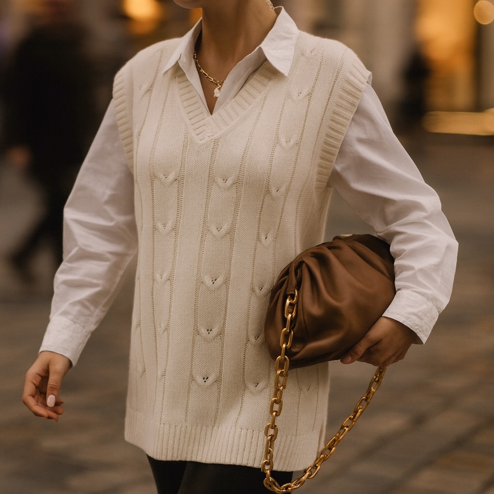 SHEIN | Oversized White Cable Knit Sweater Vest | Size 6 (M)